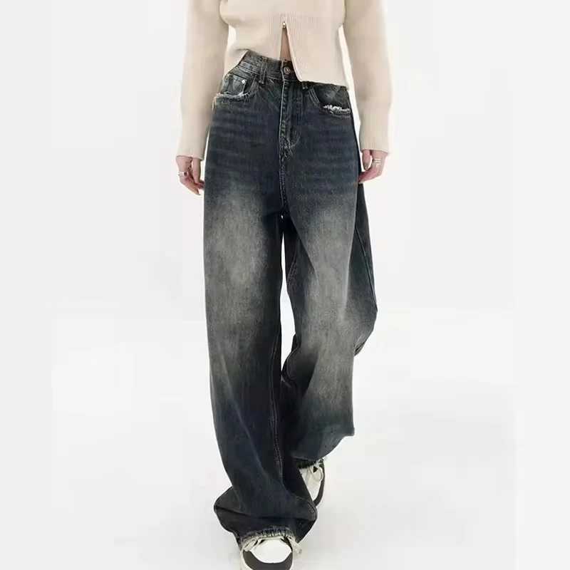 New Y2K bagged jeans womens streetwear retro fashion autumn high waisted pants loose wide leg denim Trousers womenT250319