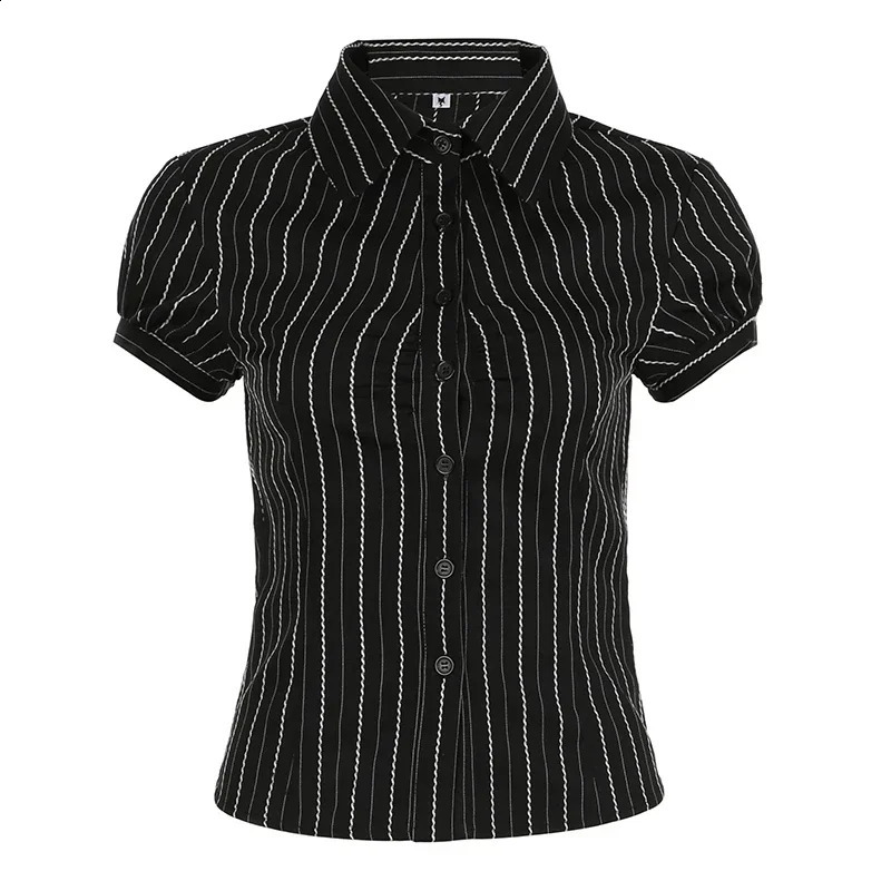Y2K Striped Blouse Womens Summer French Style Button-up Turn-down Collar Shirt Vintage Streetwear Chic Elegant Tops 250319