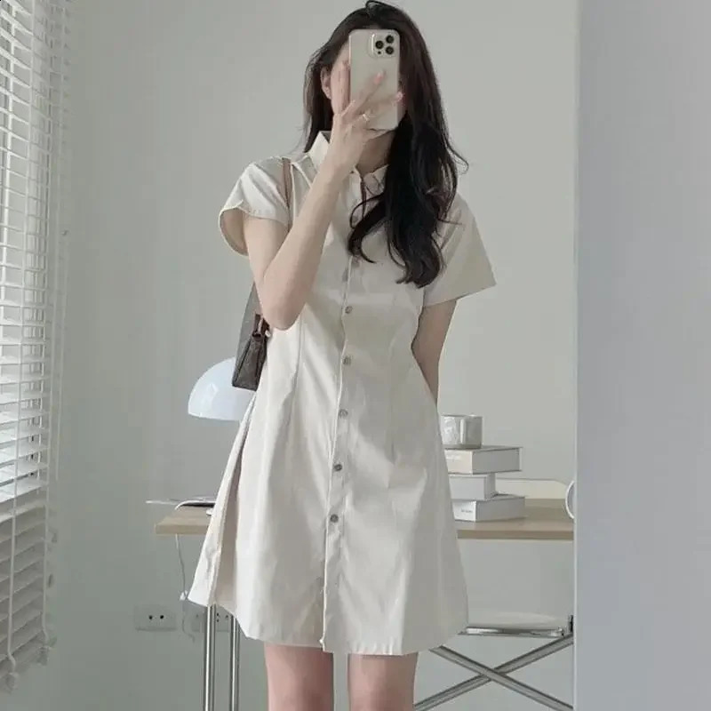 Korean summer simple and elegant lapel single chest waist slim fit short sleeved shirt style petite dress 250319