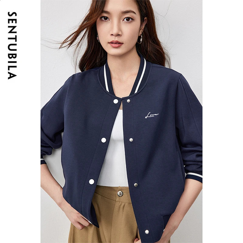 SENTUBILA Womens Cotton Baseball Jacket Spring Fashion Preparatory Style Splicing Letter y Loose Fit Coats 151058758 250317