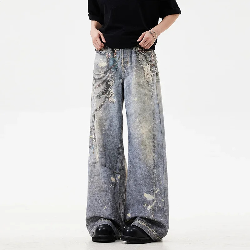 3D chain printed mens bag jeans casual straight denim pants high street wide legs Y2K blue 250319