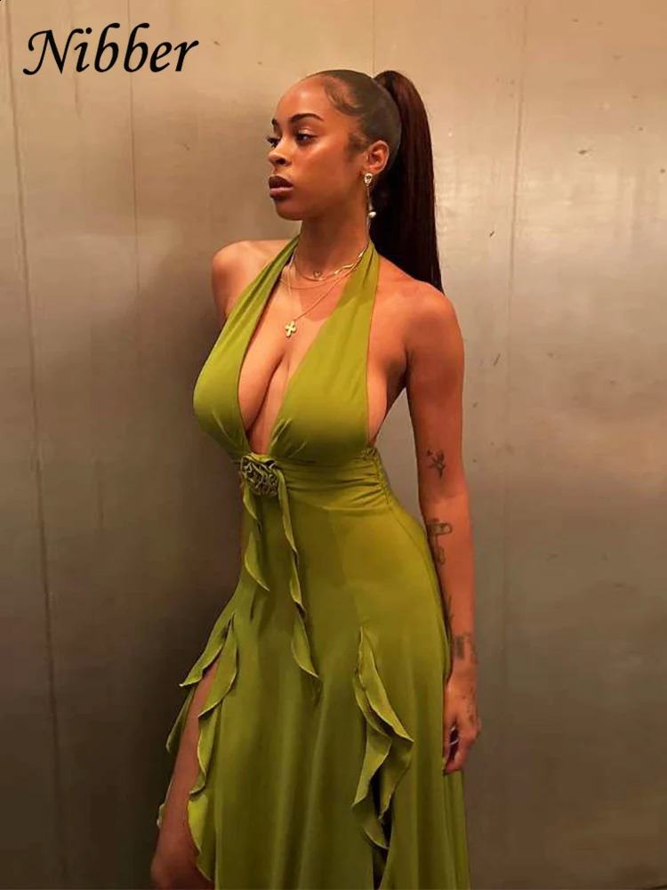 Nibber Appliques Tassel Dress Women Y2K Halter Backless Split Sexy Ruched Elegant Summer Back Ruched Beach Holiday Maxi Bodycon 250319