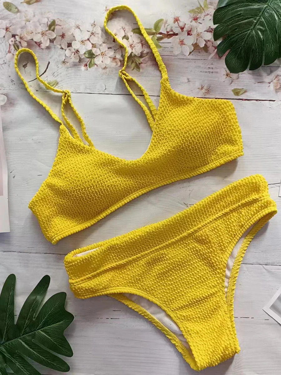 Solid Shoulder Strap Bikini Ribbed Swimsuit Womens Sexy Apron Swimsuit Womens Bath Swimsuit 250314