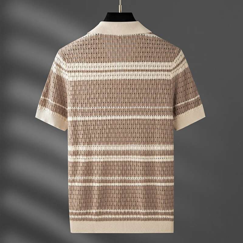 Advanced Design Striped Jacquard Short Sleeve V-Neck POLO Shirt Men's Summer New Trend Korean Hollow Breathable Knit T-Shirt