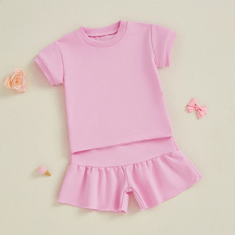 Toddler Girls Summer Outfit Solid Color Short Sleeves T-Shirt and Elastic Ruffle Shorts Set Cute 2 Piece Clothes 250319