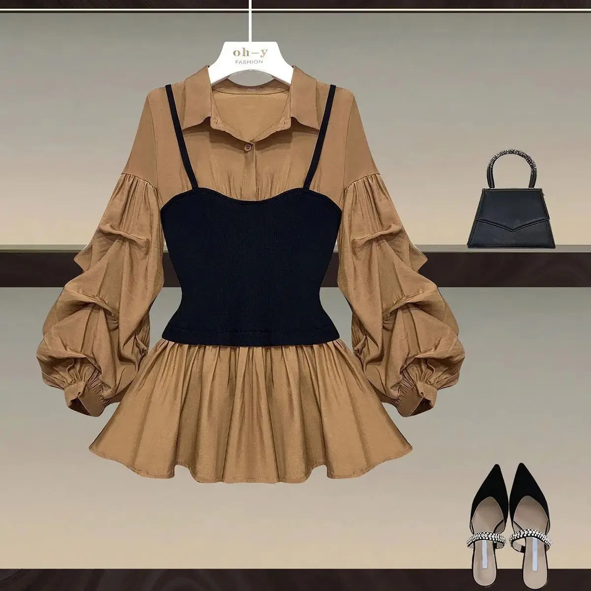 Spring Elegant Patchwork Waist Slimming Lantern Sleeve Splicing Twopiece Shirt Blouse OL Lapel Allmatch Top 250319