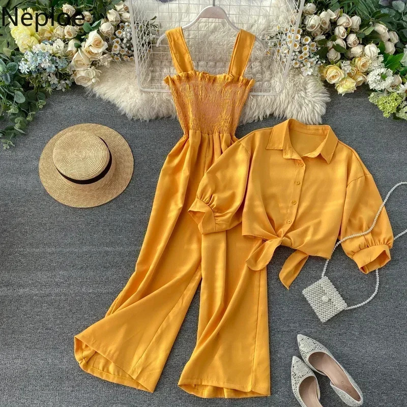 Neploe Summer Holiday 2 Pcs Women Set Sexy Slim Waist Pleat Wide Leg Jumpsuit Turn Down Collar Short Sleeve Shirt Suit 250319