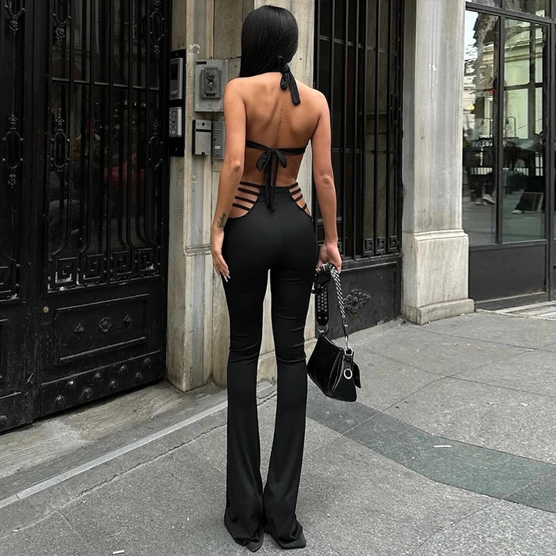 OMSJ Gothic Y2K Sexy tie Girls Street Jumpsuit Black Irregular Hollow Strappy Halter V-neck Tight Grunge Bodycon Rompers 250319