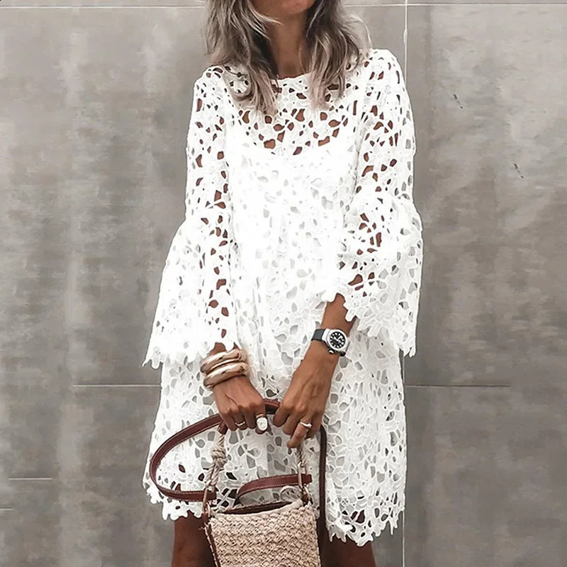 Lace Dress Sling Two Piece Suit Women Autumn Sexy Hollow Out Mini Dresses Female Vintage Elegant Puff Sleeve Short 250319