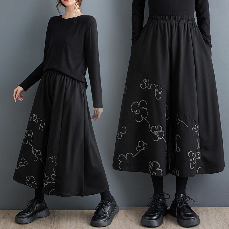 Wxw2930 Black Wide Leg Pants Womens Ankle Length Loose ed Flower Retro Street Split Trousers 250318