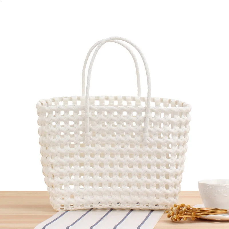 Womens PVC Candy Color Woven Handbag Causal Tote Bags Fashion Large Capacity Vegetable Basket Bag Plastic Hnadle Beach Bag 250314