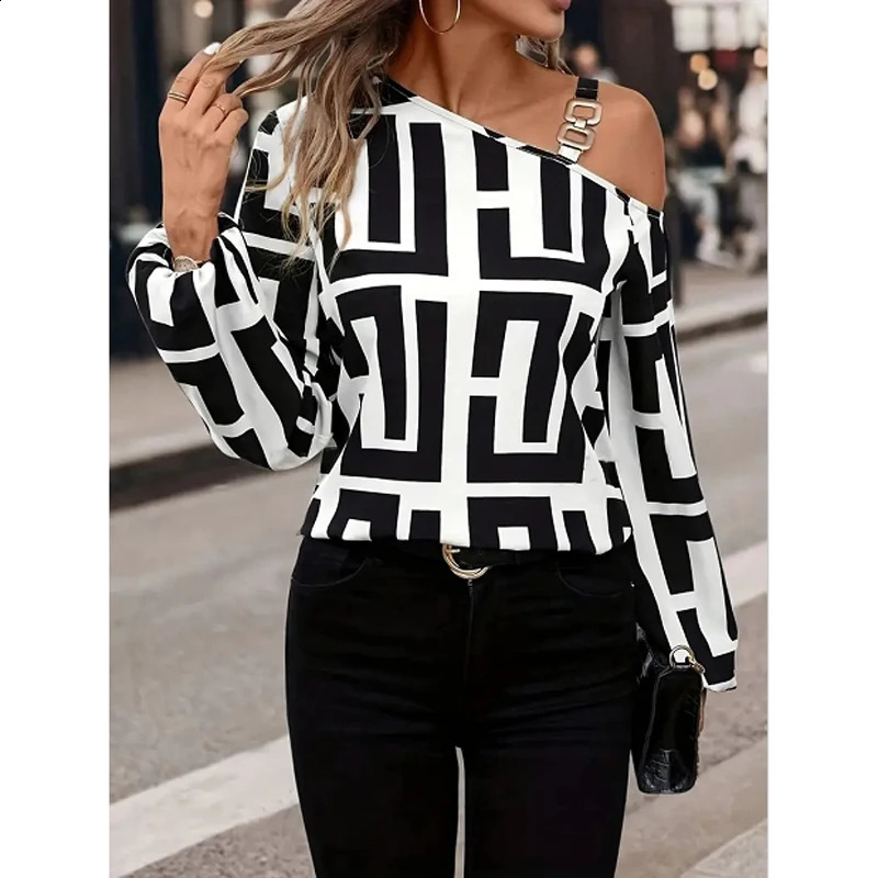Elegant Geometric Printed Womens Shirt Spring 2025 Product Diagonal Neck Shoulder Long Sleeve Hoodie Casual for Women 250319