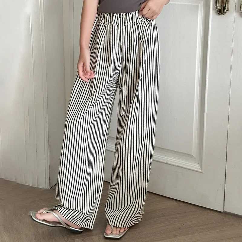 Teenage Girls Summer Pants Thin 2024 New Childrens Striped Wide Leg Pants Daily Casual Full Competition Children Trouser 6 8 10 12 Years OldT250318