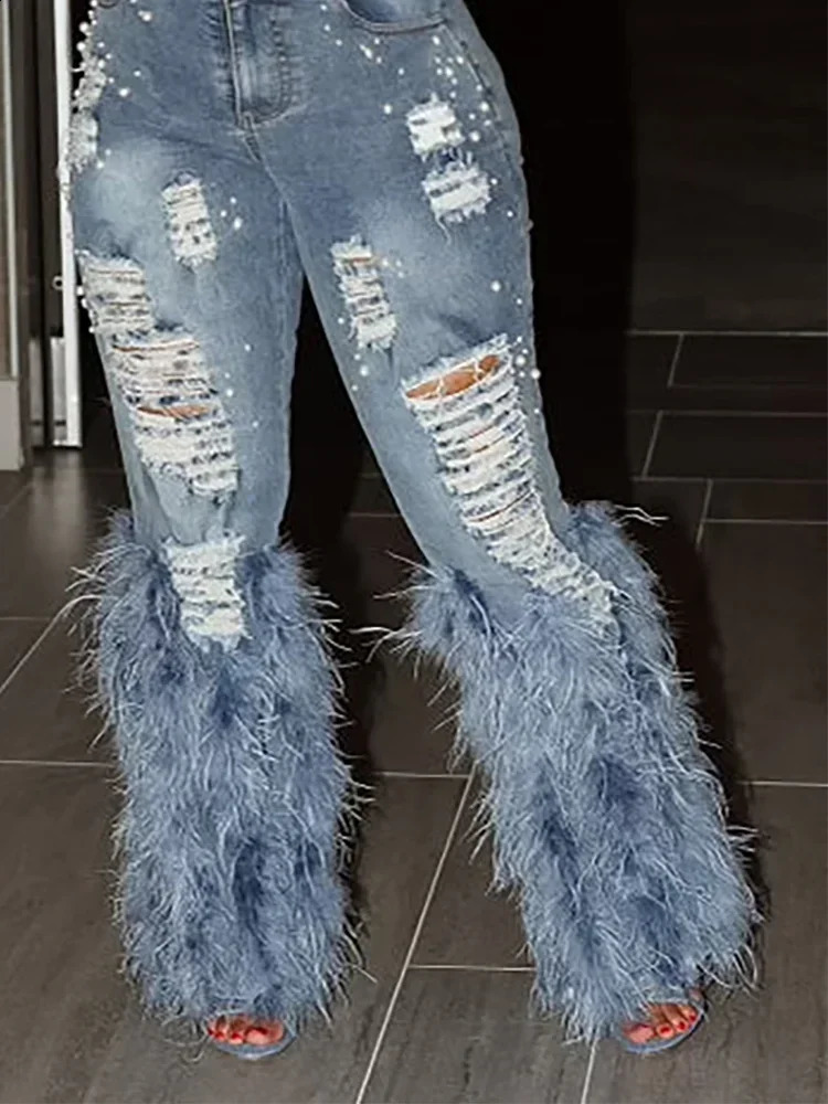 Fashionable womens jeans tassel holes Vitrenage feathers high waisted Y2K streetwear casual denim pants springs tight hollow Trouser 250314
