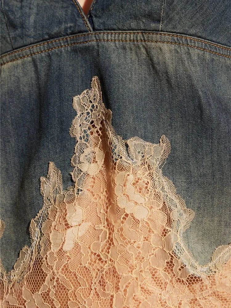 DEAT Fashion Womens 2-piece Denim Lace Backless Tank Top High Waist Lace Pocket Knee Length Set Autumn Style 7AB4274 250317 - view 7