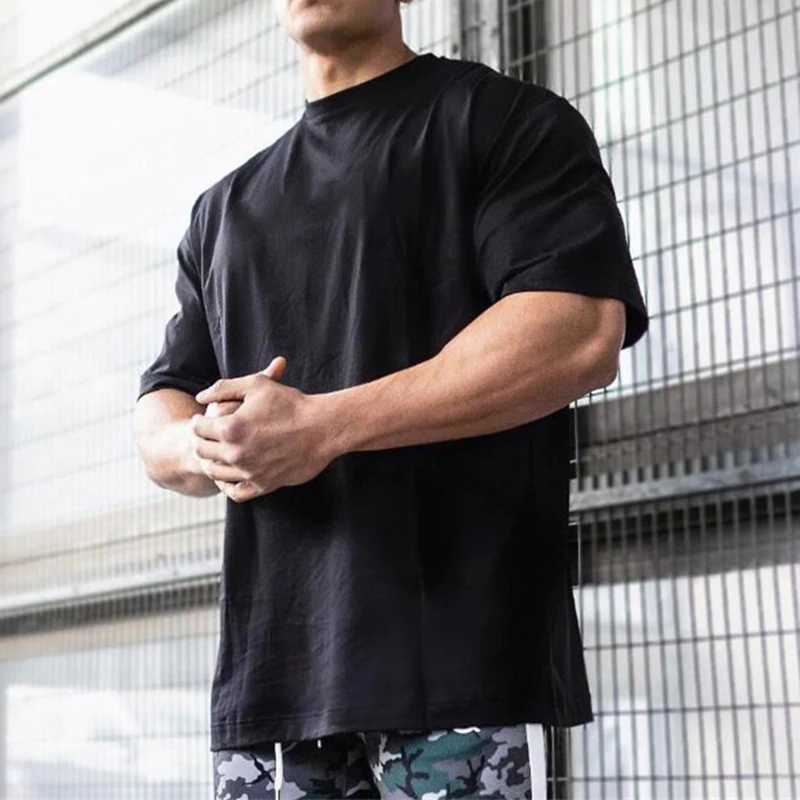 Ultra fine fit short sleeved T-shirt mens cotton shoulder loose fitness T-shirt summer fitness topT250318