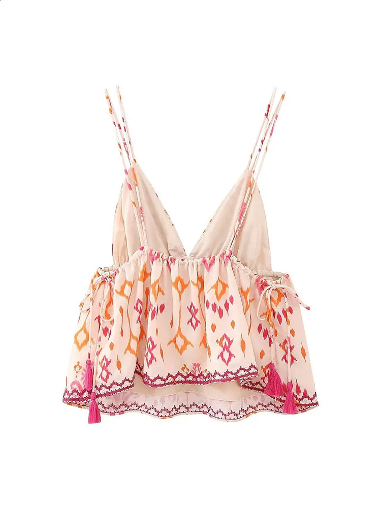 Autumn Printed Suspender Tank Tops for Women Casual Sleeveless VNeck Cropped Blouse Vacation Chic Ladies Streetwear 250319