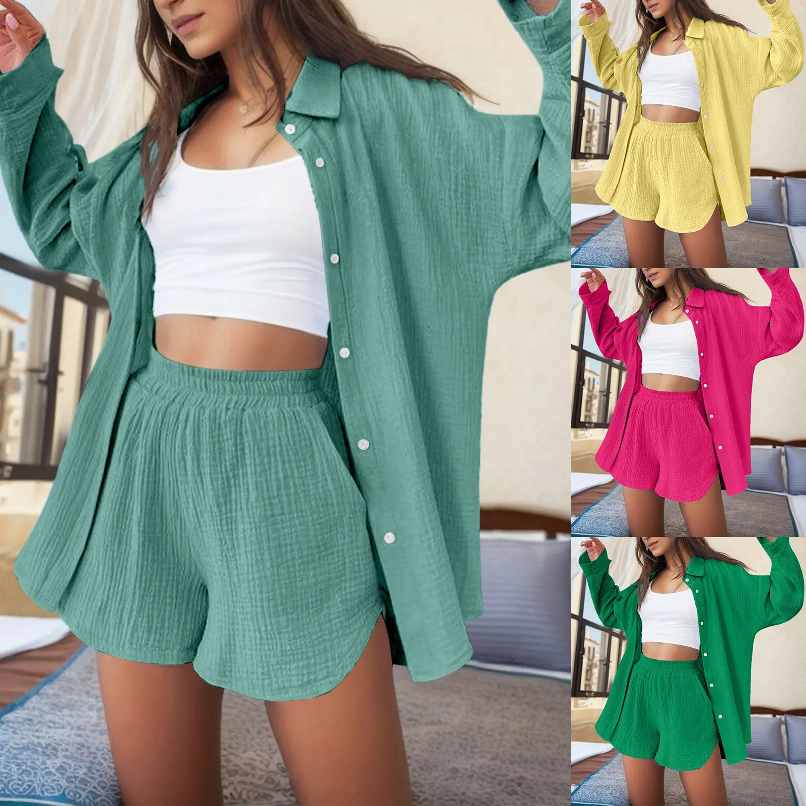 Elegant summer womens two-piece set womens casual chic long sleeved shirt and short streetwear casual set 250318