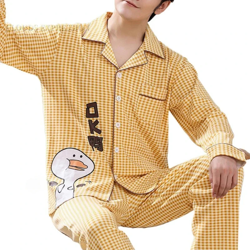Spring two-piece pajamas cartoon duck print short sleeved mens pajamas set long pants pajamas casual pajamas 250317