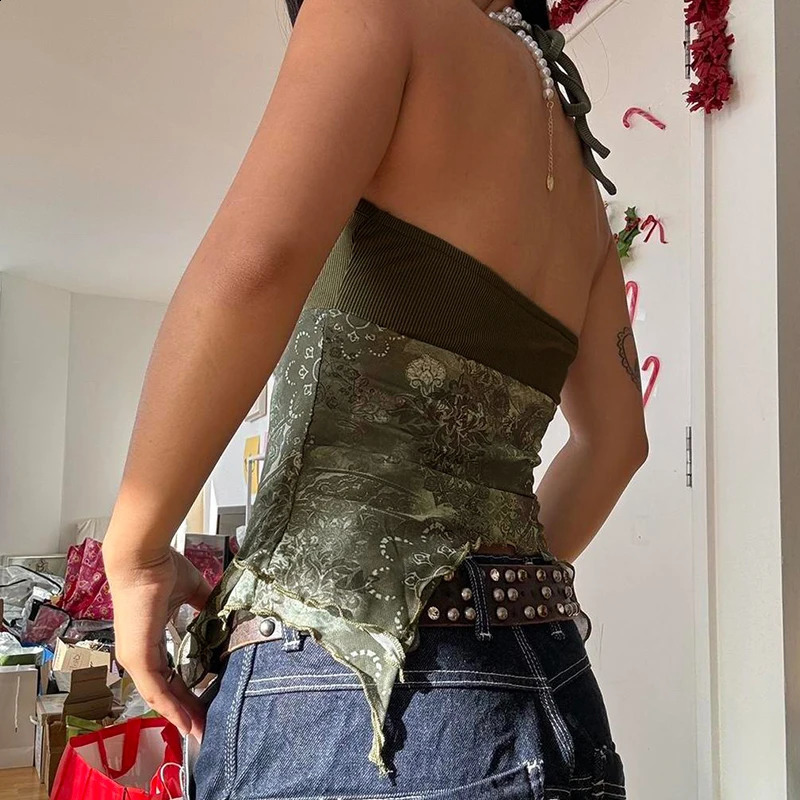 SUCHCUTE Boho Vintage Print Crop Tops Fairycore Grunge Sexy Backless Camisole for Women Harajuku Irregular Halter Neck Vest Y2k 250319