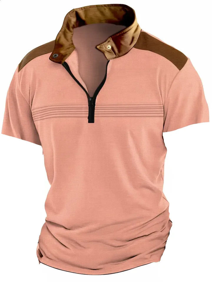 European and American Mens Summer Fashion Casual Sports Zipper Striped Short Sleeve Polo Shirt 250317
