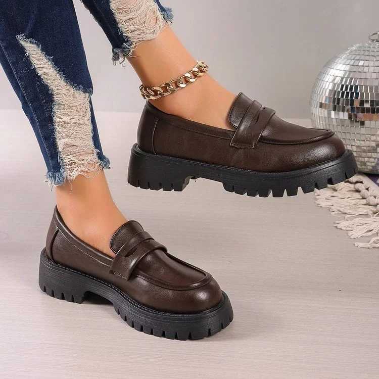 Brown Punk Platform Womens Loafers Round Toe Thick High Heels Retro Shoes Womens Slippery High Heels Womens PumpXJ250319