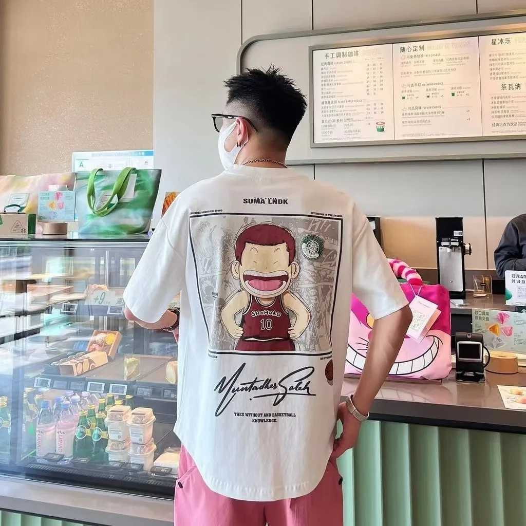 ((M-8XL) Mens oversized T-shirt casual loose Japanese anime dunk printed T-shirt suitable for menT250318