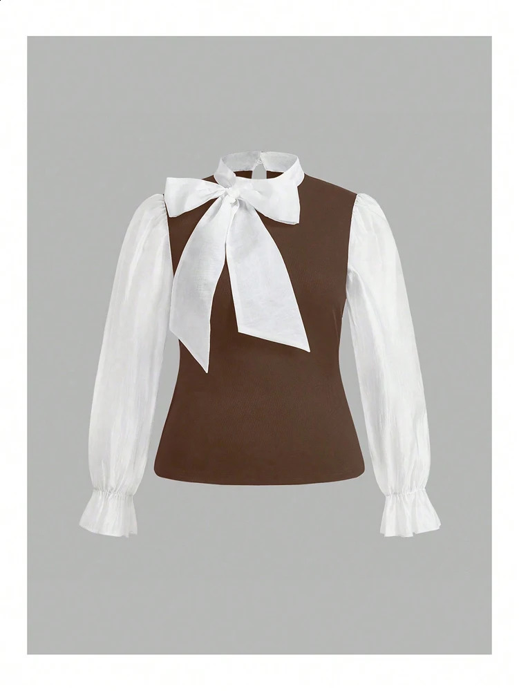 Plus size womens elegant comparison bow long sleeved ALine office shirt business pink black brown spring 250319Z