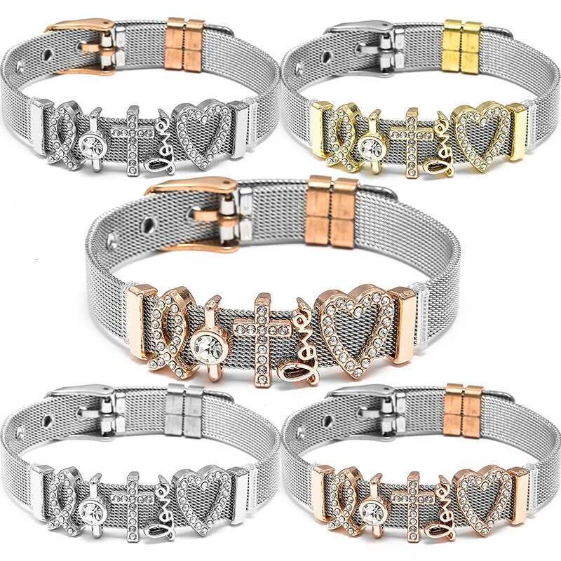 10mm Love Crystal Cross Beads Stainless Steel Mesh Bracelets Charm Keeper Bracelets Bangles For Women Men Fashion Jewelry Gift