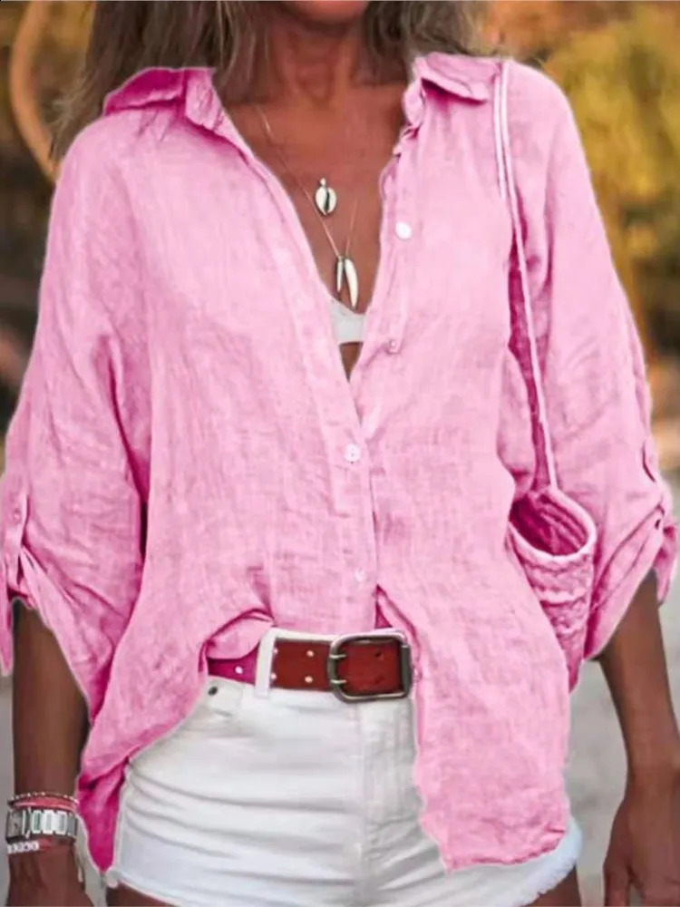 Cotton and linen shirts womens summer solid long sleeved button up cardigans office tops retro streetwear 250318