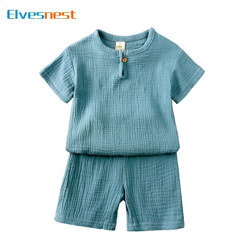 Cotton Linen Kids Clothes Girls Outfit Summer Boy Clothing Sets Solid Color Short Sleeve Tops Shorts Children Clothing 2-7 Years 250319