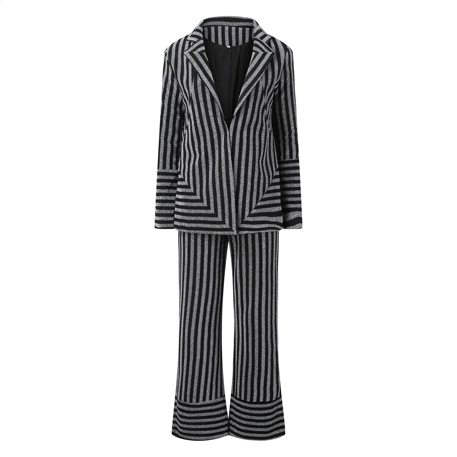 Striped Printing Clothes For Women 2 Piece Set Casual Loose Cardigan Tops Spring Clothing Wide Leg Pant Suit Trousers Suits 250317