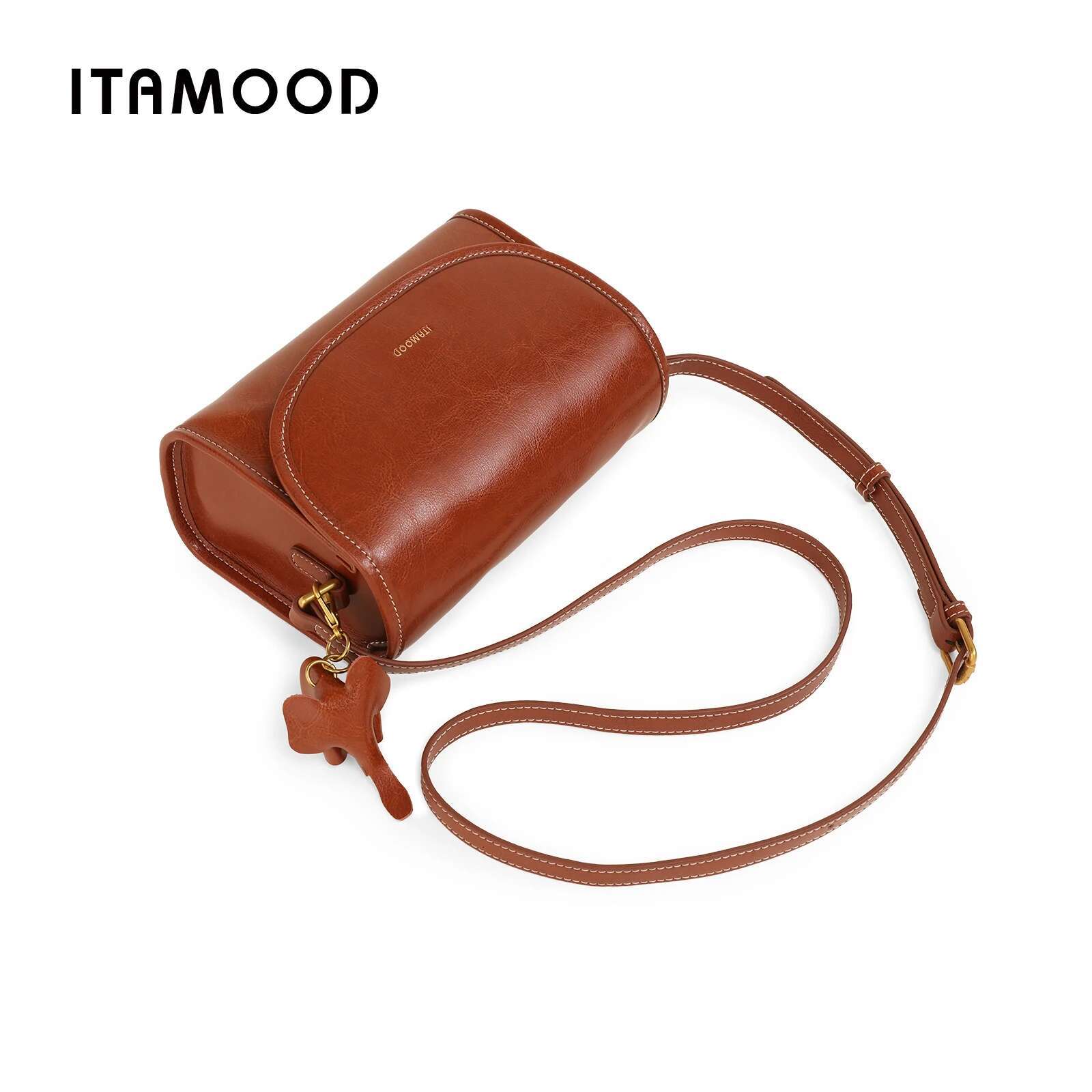 ITAMOOD Texture Leather Square Senior Sense Of Retro Small Shoulder Bag Fashion Handbag With Cute Elephant Pendant