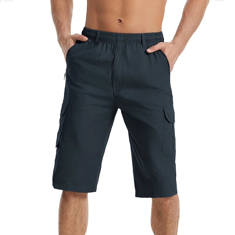 Plus 6XL calf length cargo shorts mens casual breathable summer pants multi pocket work drawstring 250319