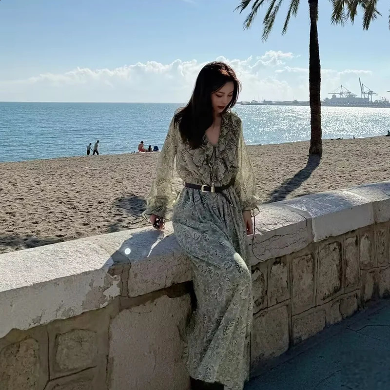 TRAF Dress Spring Womens Fashionable Printed V-neck Holiday Elegant Long Skirt Street Fashion Comfortable Youth Dress 250317