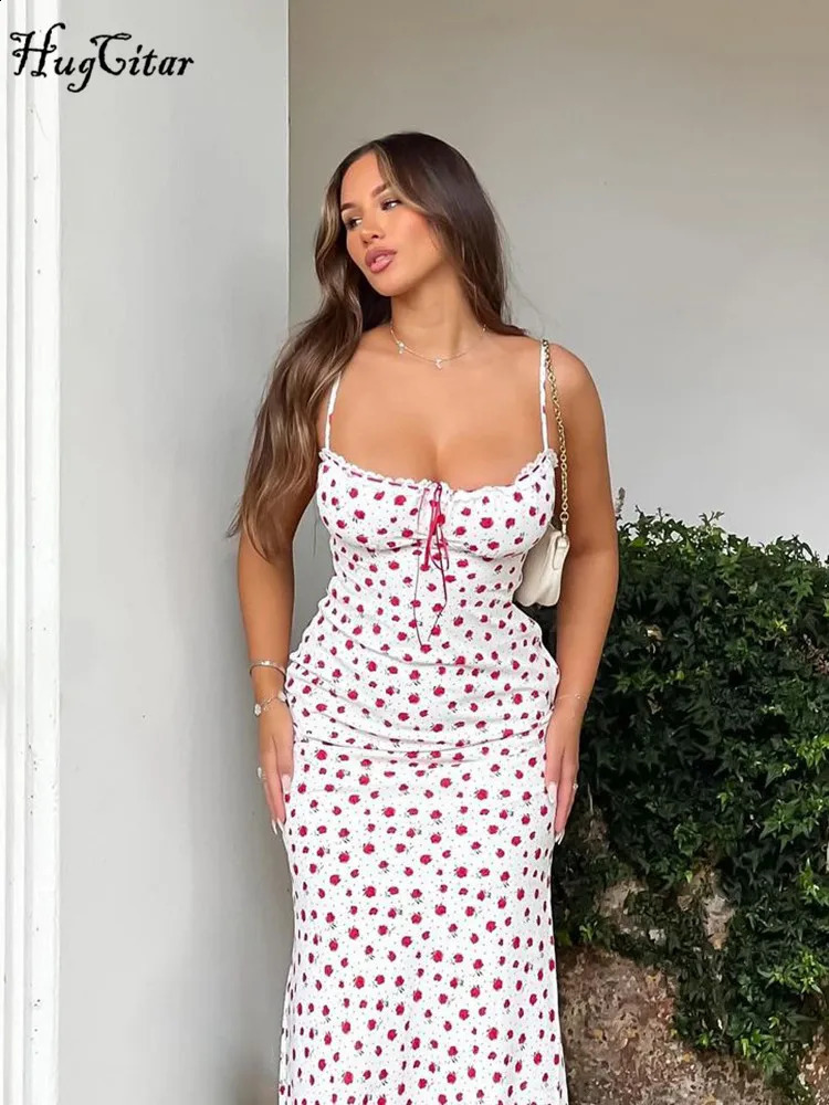 Hugcitar Elegant Floral Print Slips Backless Sexy Bodycon Maxi Prom Dress Summer Women Outfits Birthday Party Festival Y2K 250319