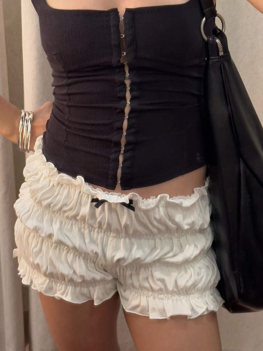 Women Ruffle Shorts Y2K Cute Bow Low Rise Micro Shorts Sexy Frilly Ruffle Pettipants Layered Lolita Bloomers Booty Bottoms 250319