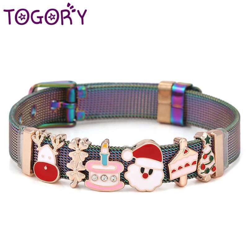 20 Style Stainless Steel Mesh Bracelets With Santa Claus Christmas Tree Beads Charm Keeper Bracelet For Women Kids Jewelry Gift