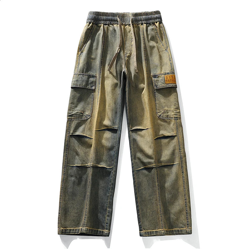 Vintage Jeans Pants for Men High Street Yellow Mud-Dyed Washed Ripped Denim Overalls Trousers Man Workwear Plus Size 6XL 7XL 8XL 250317