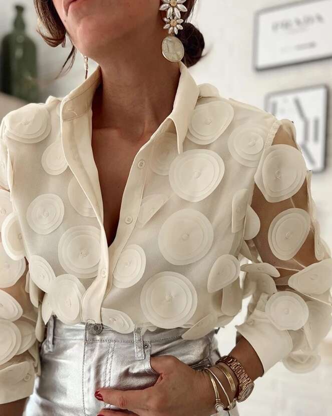 Women's Fashion Ral Pattern Long Sleeve Top Semi-Sheer Mesh Patch Design Women Casual Button Loose Elegant Blouses