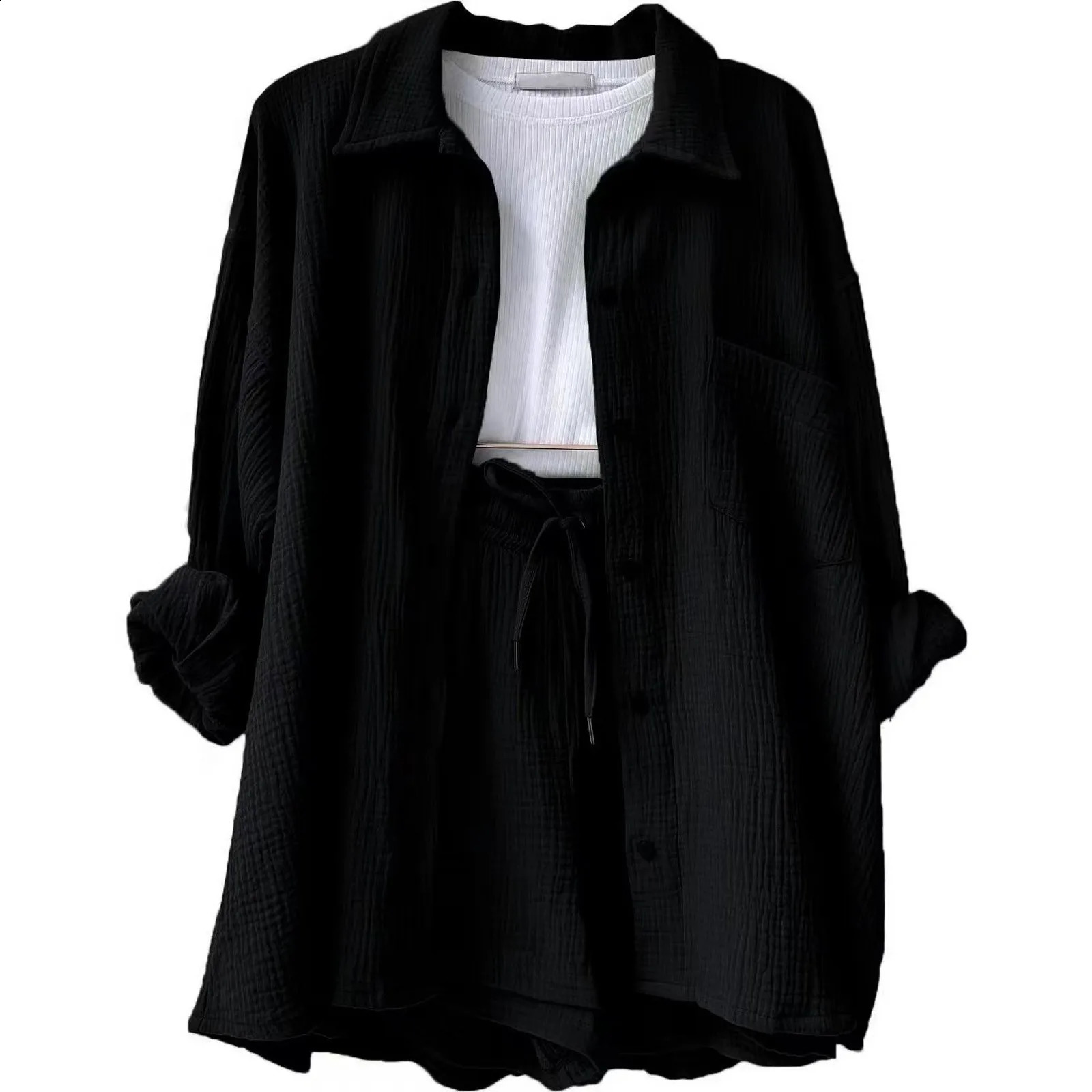 Two Piece Womens Summer Muslin Blouse Shirt And Shorts Clothes Two Piece Set Beach Outfit Set Two Piece Set Women Suits 250318