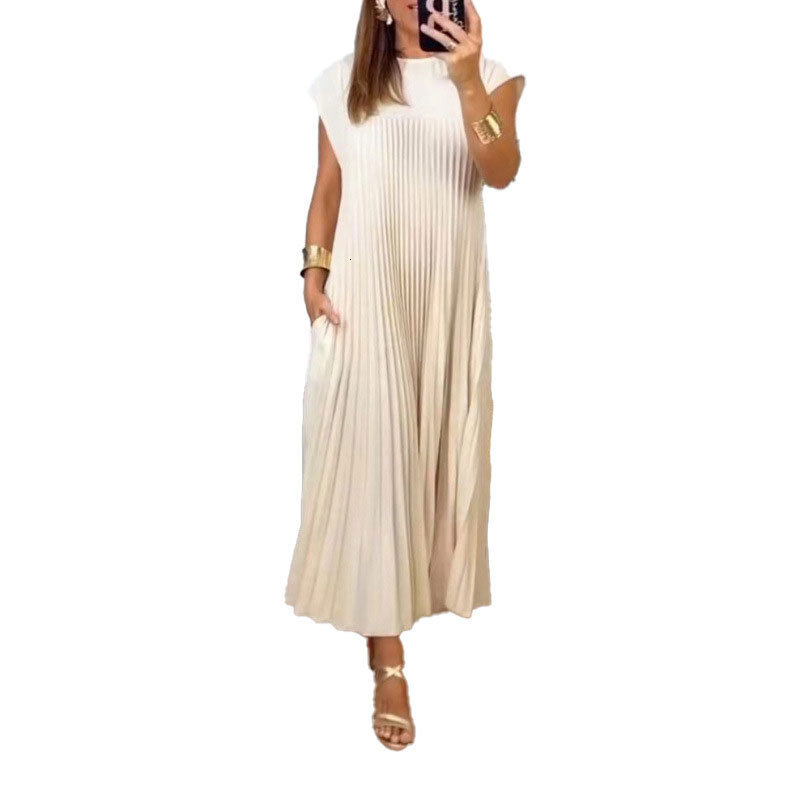 2024 new autumn women's elegant and fashionable round neck sleeveless pleated long dress