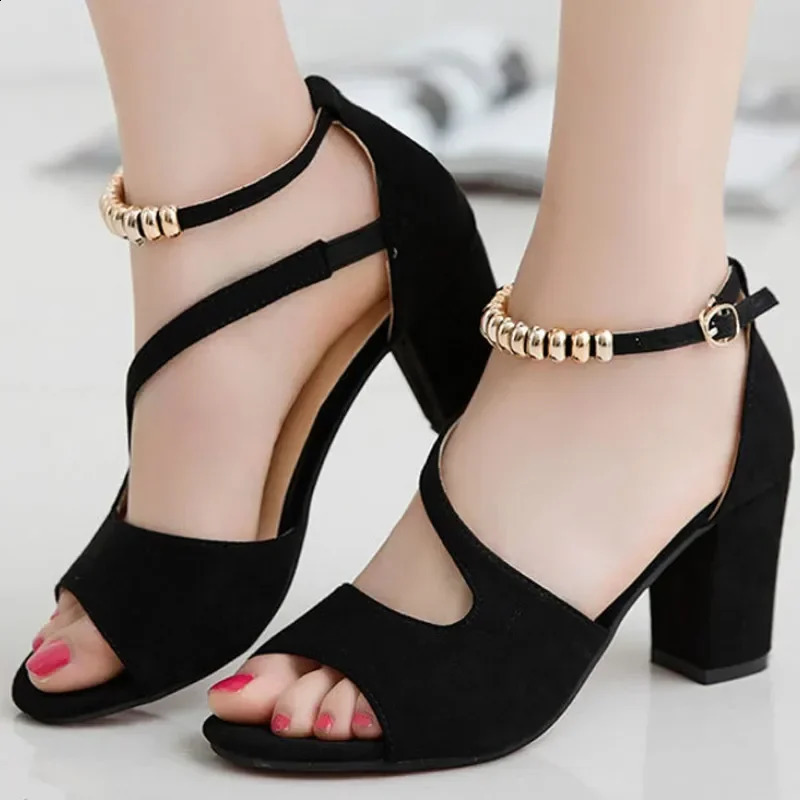 2024 Spring Summer Sexy Fish Mouth Hollow Roman Sandals Thick With Word With Beaded High Heels Female Summer Sexy Female Sandals 250317