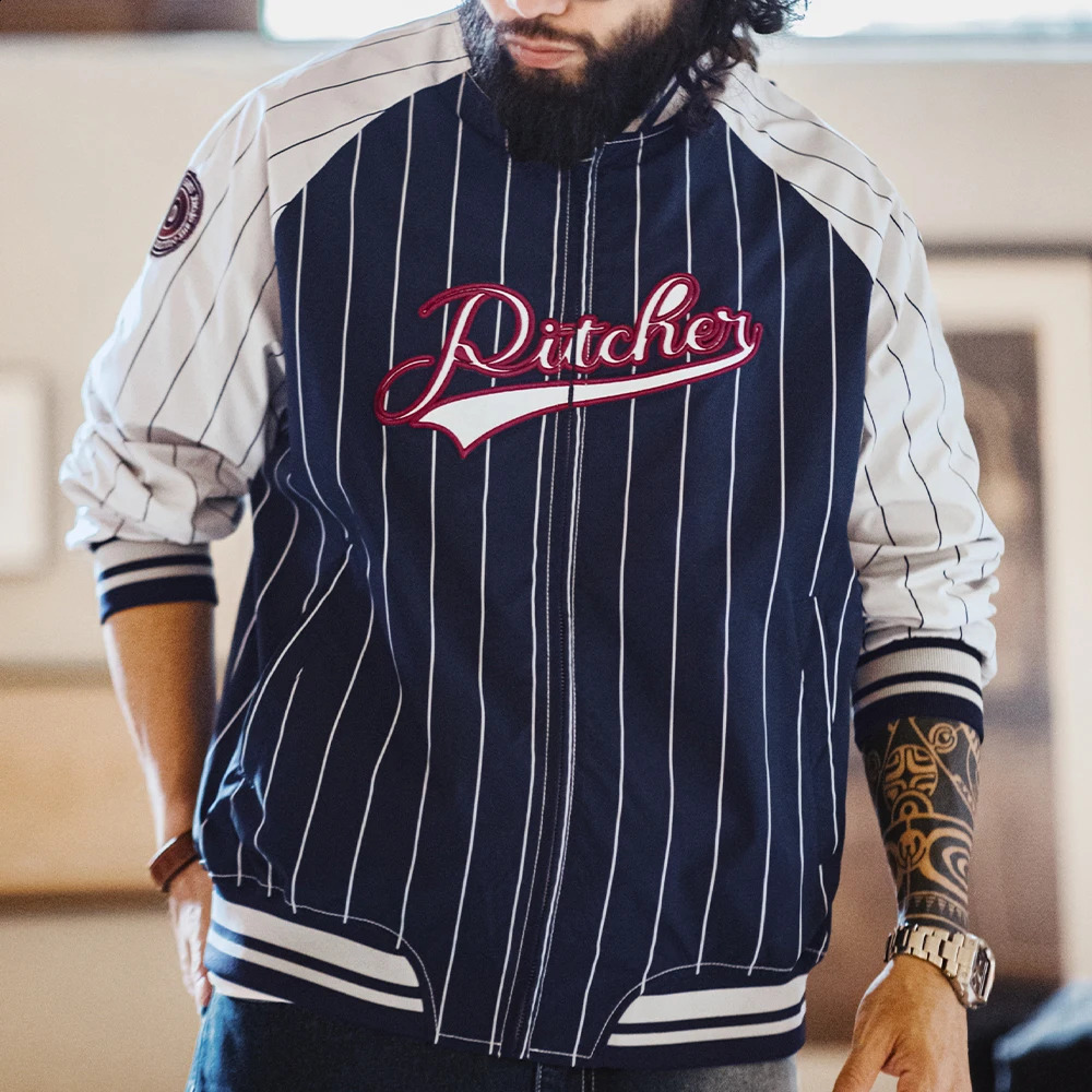 Made Vintage Striped Baseball Jacket Letter y Badge ns Colorblocking Casual Outerwear for Mens Spring 250317