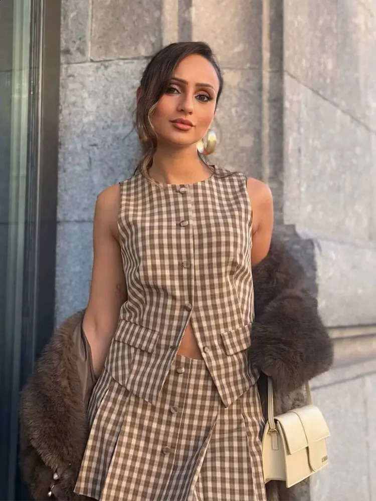 TRAFZA Women Elegant Plaid Skirts Set O Neck Button Vest Top With Pockets Side Zipper Slim Mini Shorts Skirts Office Lady Suit 250318