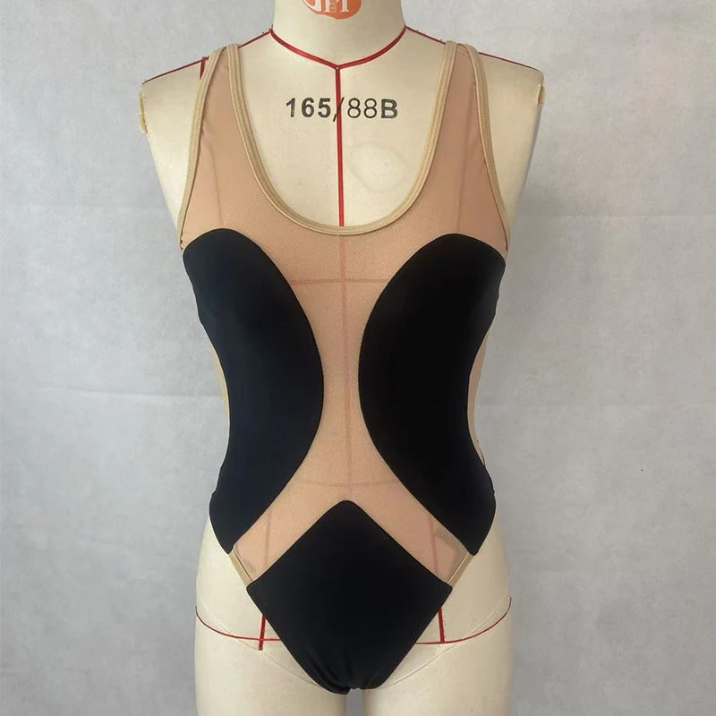 BEACHCICI Women Bikinis One Piece Set Summer Casual Sexy Mesh Stitching Round Neck Backless Adjustable Strap Swimsuit Beachwear 250314