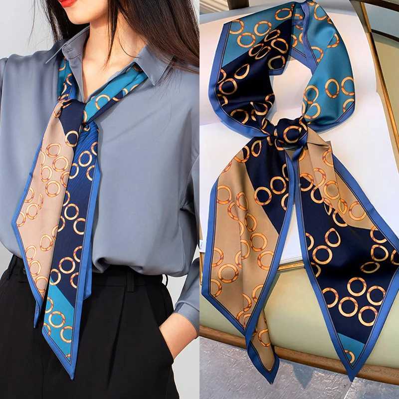 Fashion blue printed silk scarf soft satin horse hair Bl neckline headband foam bag ribbon gift X250319
