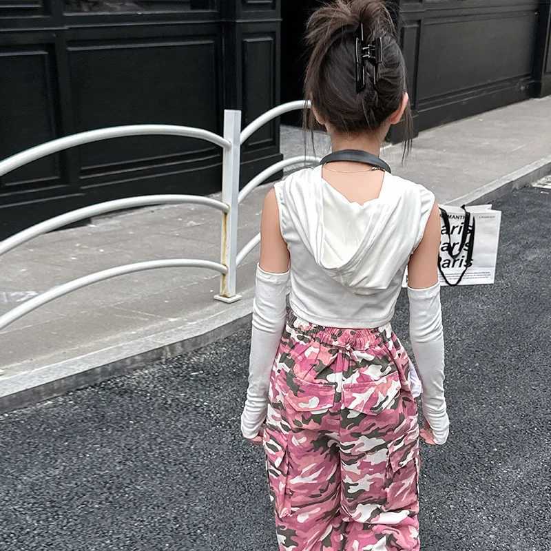 Korean Child Pink Camouflage Cargo Pants Spring Autumn Teen Girl Casual Elastic Waist Pocket Trousers Teenager Street Wear PantsT250318