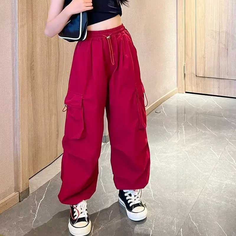 Girls Casual Cargo Pants Kids Solid Colour Sweatpants Children Vintage Streetwear Hip Hop Pants New Elastic Waist Baggy TrousersT250318
