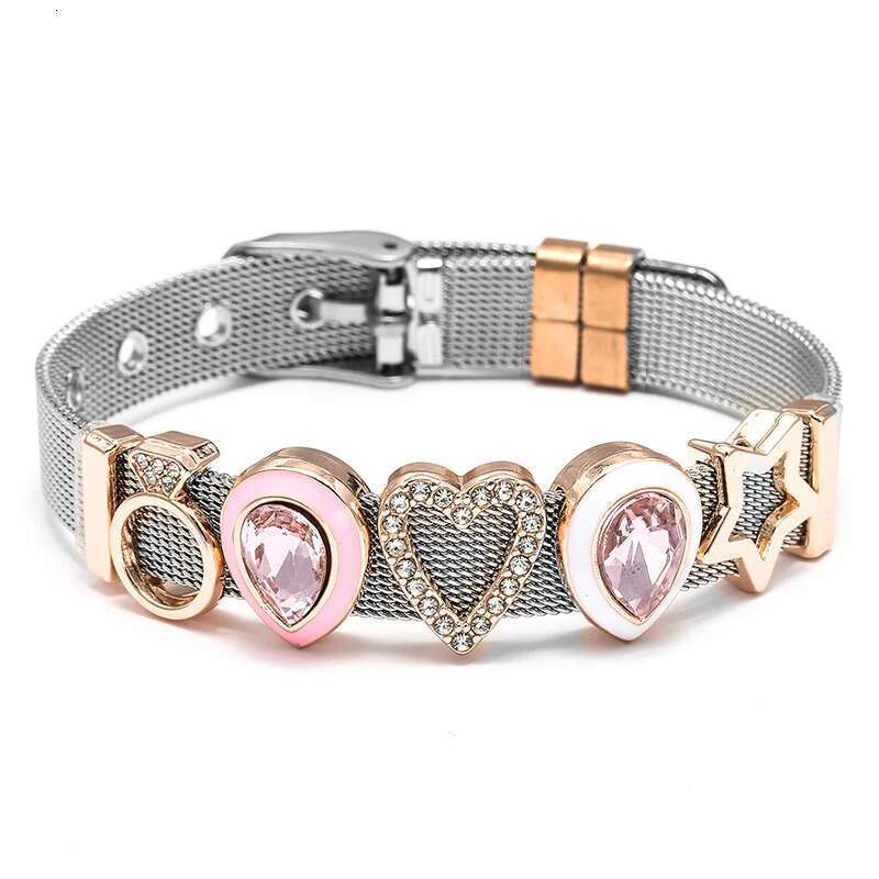 Crystal Heart Crown Beads 10mm Stainless Steel Mesh Bracelets Charm Keeper Bracelets Bangles For Women Mother Fashion Jewelry